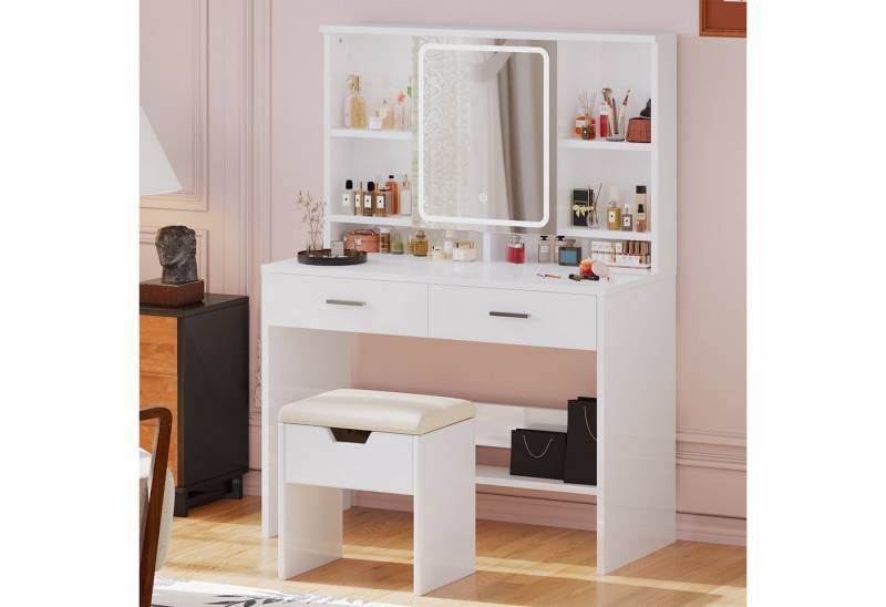 Furnicopia Schminktisch Mit LED-Beleuchtung Mit Schublade, Ablagefach, einstellbare Helligkeit (Größe: 90*40CM, mit 6 Ablagefächern, 2 Schubladen, 3 Farben verfügbar, erste Wahl für Geschenke) von Furnicopia