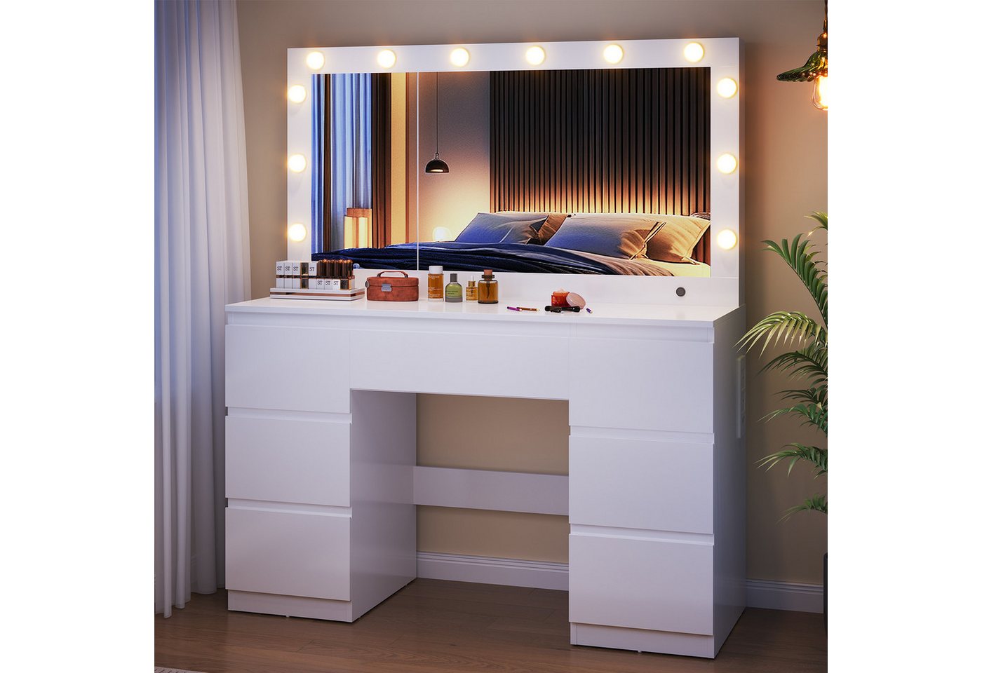 Furnicopia Schminktisch mit 7 Schubladen mit 2 Steckdosen 1 USB-Anschluss 1 Tycp-Anschluss (Größe 120*40*140cm Großer Spiegel 106cm Eingebautes Schmuckkabinett LED-Lichter Einstellbare Farbtemperatur und Helligkeit) Furnicopia Schminktisch mit 7 Schubladen mit 2 Steckdosen 1 USB-Anschluss 1 Tycp-Anschluss (Größe 120*40*140cm Großer Spiegel 106cm Eingebautes Schmuckkabinett LED-Lichter Einstellbare Farbtemperatur und Helligkeit) von Furnicopia