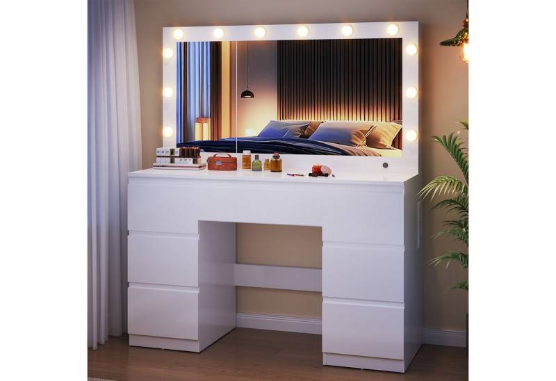 Furnicopia Schminktisch mit 7 Schubladen mit 2 Steckdosen 1 USB-Anschluss 1 Tycp-Anschluss (Größe 120*40*140cm Großer Spiegel 106cm Eingebautes Schmuckkabinett LED-Lichter Einstellbare Farbtemperatur und Helligkeit) von Furnicopia