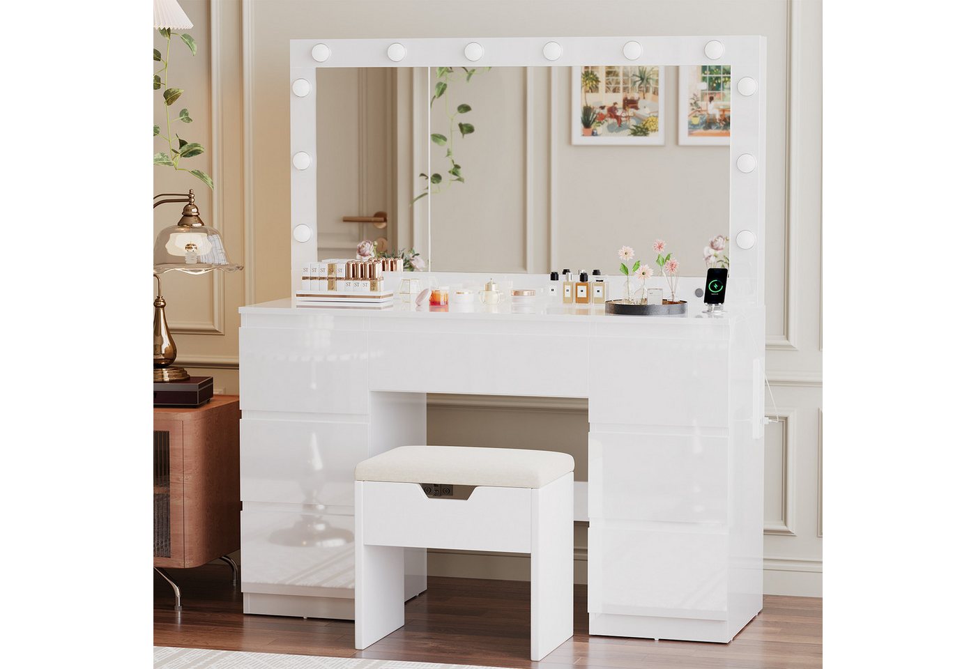 Furnicopia Schminktisch mit 7 Schubladen mit 2 Steckdosen 1 USB-Anschluss 1 Tycp-Anschluss (Größe 120*40*140cm Großer Spiegel 106cm Eingebautes Schmuckkabinett LED-Lichter Einstellbare Farbtemperatur und Helligkeit) von Furnicopia
