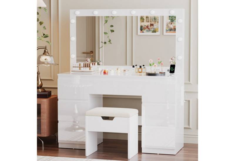 Furnicopia Schminktisch mit 7 Schubladen mit 2 Steckdosen 1 USB-Anschluss 1 Tycp-Anschluss (Größe 120*40*140cm Großer Spiegel 106cm Eingebautes Schmuckkabinett LED-Lichter Einstellbare Farbtemperatur und Helligkeit) Furnicopia Schminktisch mit 7 Schubladen mit 2 Steckdosen 1 USB-Anschluss 1 Tycp-Anschluss (Größe 120*40*140cm Großer Spiegel 106cm Eingebautes Schmuckkabinett LED-Lichter Einstellbare Farbtemperatur und Helligkeit) von Furnicopia