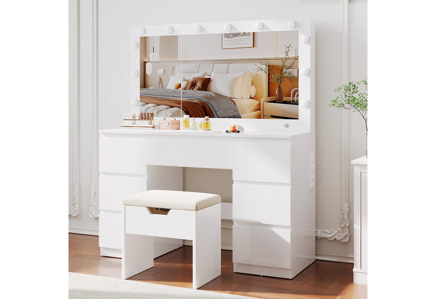 Furnicopia Schminktisch mit 7 Schubladen mit 2 Steckdosen 1 USB-Anschluss 1 Tycp-Anschluss (Größe 120*40*140cm Großer Spiegel 106cm Eingebautes Schmuckkabinett LED-Lichter Einstellbare Farbtemperatur und Helligkeit) von Furnicopia