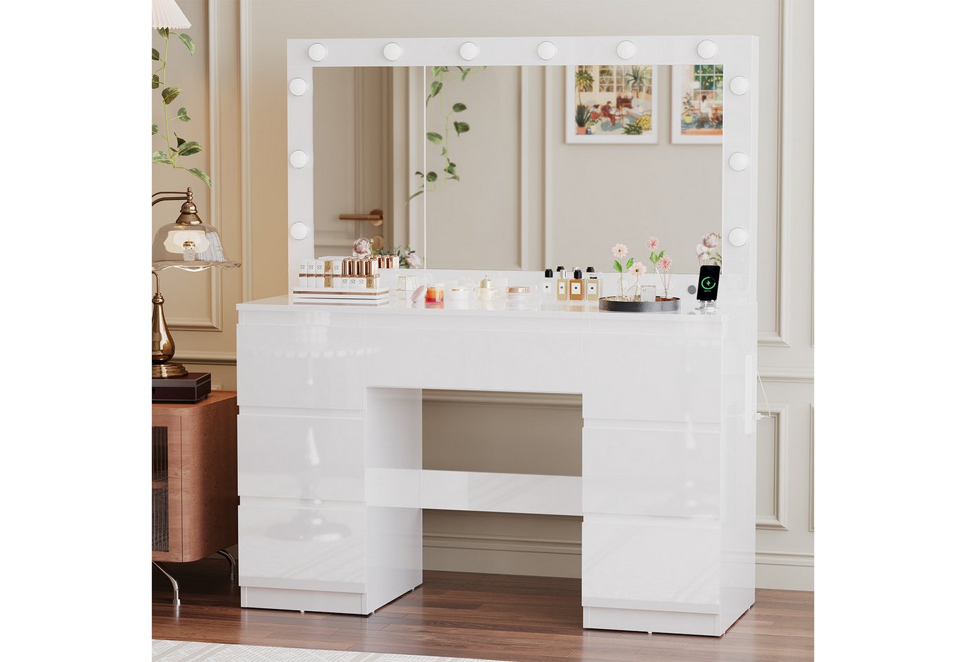 Furnicopia Schminktisch mit 7 Schubladen mit 2 Steckdosen 1 USB-Anschluss 1 Tycp-Anschluss (Größe 120*40*140cm Großer Spiegel 106cm Eingebautes Schmuckkabinett LED-Lichter Einstellbare Farbtemperatur und Helligkeit) von Furnicopia