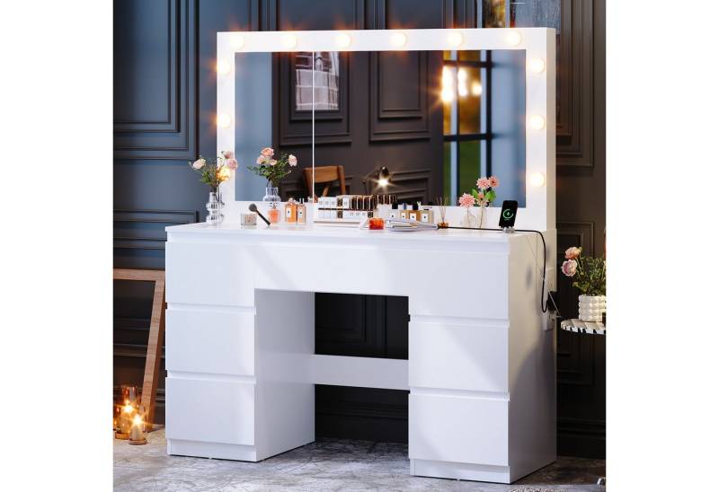 Furnicopia Schminktisch mit 7 Schubladen mit 2 Steckdosen 1 USB-Anschluss 1 Tycp-Anschluss (Größe 120*40*140cm Großer Spiegel 106cm Eingebautes Schmuckkabinett LED-Lichter Einstellbare Farbtemperatur und Helligkeit) Furnicopia Schminktisch mit 7 Schubladen mit 2 Steckdosen 1 USB-Anschluss 1 Tycp-Anschluss (Größe 120*40*140cm Großer Spiegel 106cm Eingebautes Schmuckkabinett LED-Lichter Einstellbare Farbtemperatur und Helligkeit) von Furnicopia