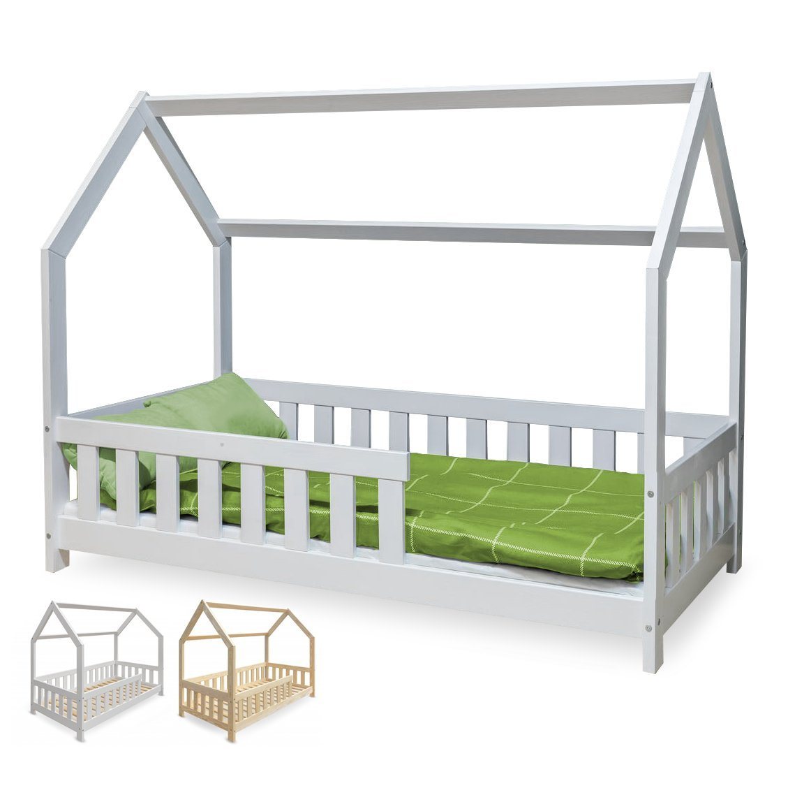 Furnify Kinderbett Kinderbett Peter Pan in Hausform, Weiß oder Naturfarbe, mit Matratze von Furnify