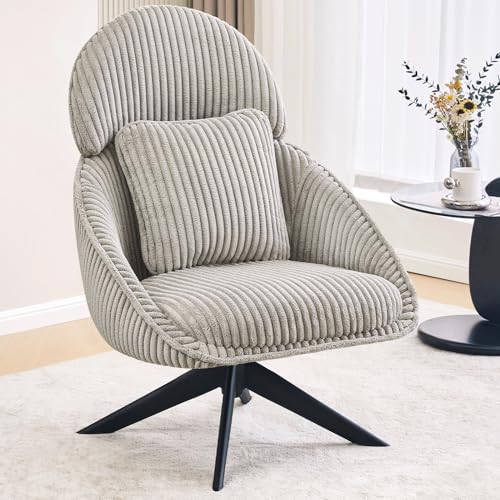 Furniliving Moderner Wohnzimmerstuhl, Drehstuhl für Wohnzimmer, Schreibtischstuhl mit Armlehnen, Schlafzimmerstuhl mit Kopfstütze, Sofasessel, Beistellstuhl mit Kissen, Sessel, Cord, Grau von Furniliving