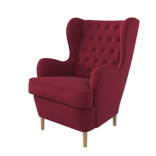 Furninero - Ohrensessel, Flügelstuhl, Flügel Sessel, tiefer gepolsterter, Chesterfield-Stil, gerundete Beine, Majestic Velvet Wine Red Stoff (Fleckenresistent/Licht zu reinigende), Rot von Furninero