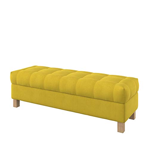 Furninero - Raffinierte gepolsterter Sitzbank Sitzhocker Sitzruhe Betthocker Ottomane, mit Stauraum, Quadratische Beine, 140 cm breit, Majestic Velvet Yellow Stoff (Licht zu reinigende), Gelb von Furninero