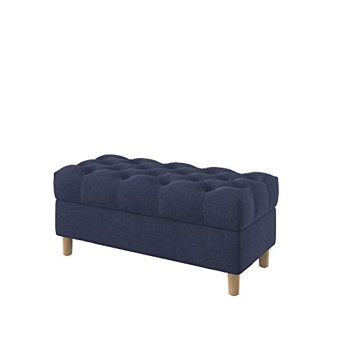 Furninero - Tiefer gepolsterter Sitzbank Sitzhocker Sitzruhe Betthocker Ottomane, mit Stauraum, Gerundete Beine, 100 cm breit, Naturel Navy Blue Stoff (Licht zu reinigende), Blau von Furninero