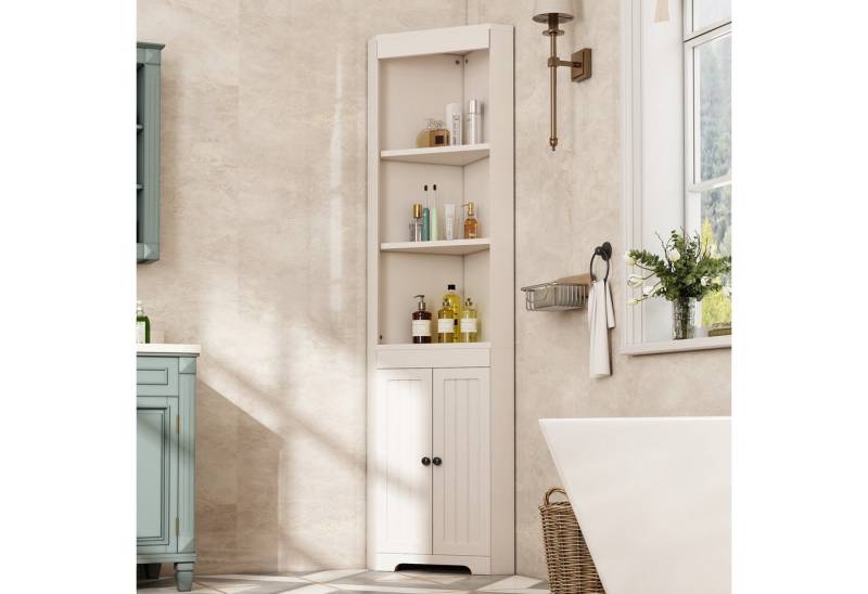 Furnishings Home Badezimmerspiegelschrank Badezimmer-Hochschrank Drei offene Ablagefächer 49.5 x 35 x 170cm (1-St) Schlichte Form Verschiebbare Einlegeböden Weiß Grau von Furnishings Home
