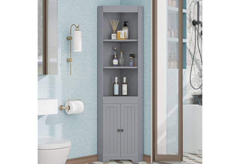 Furnishings Home Badezimmerspiegelschrank Badezimmer-Hochschrank Drei offene Ablagefächer 49.5 x 35 x 170cm (1-St) Schlichte Form Verschiebbare Einlegeböden Weiß Grau von Furnishings Home