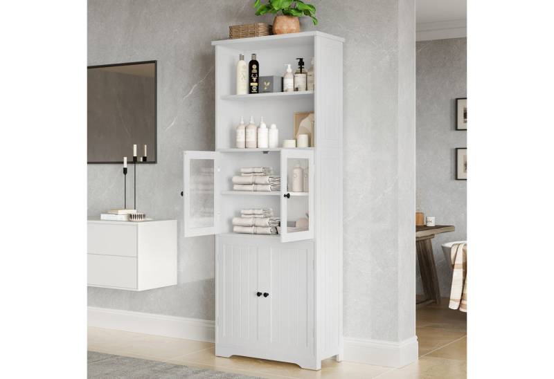 Furnishings Home Badezimmerspiegelschrank Badezimmer-Hochschrank Stauraum Glas- und Holztür Weiß/Grau (1-St) Glasschranktür verstellbare Trennwändeeinfache 57.4 x 28.5 x 160cm von Furnishings Home