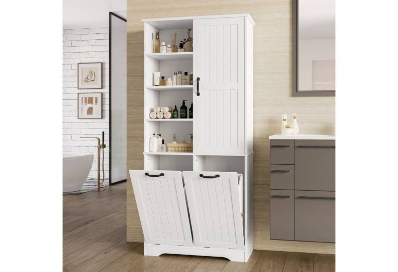 Furnishings Home Badezimmerspiegelschrank Badezimmerschrank doppelter Wäschekorb vier offene Fächer eine Tür (1-St) Fächer der Tür verstellbare Regale viel Stauraum Weiß Grau von Furnishings Home