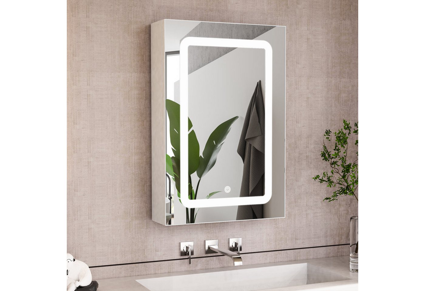 Furnishings Home Badezimmerspiegelschrank Badezimmerspiegelschrank Spiegelschrank Hängeschrank (Einstellung der warmen und kalten Farbtemperatur 3000/4500/6400K) inkl. LED-Beleuchtung, Stecker, Touchschalter, Beschlagfrei von Furnishings Home