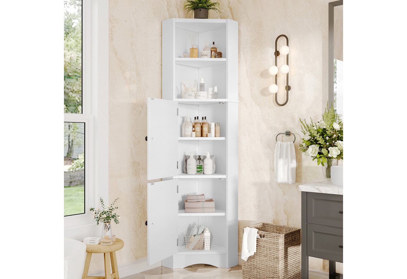 Furnishings Home Badezimmerspiegelschrank DreieckigerBadezimmerschrank zwei offene Ablagefächerzwei Schranktüren (1-St) Einfache Form verstellbare Trennwände Weiß 51.7 x 32 x 155.4cm von Furnishings Home