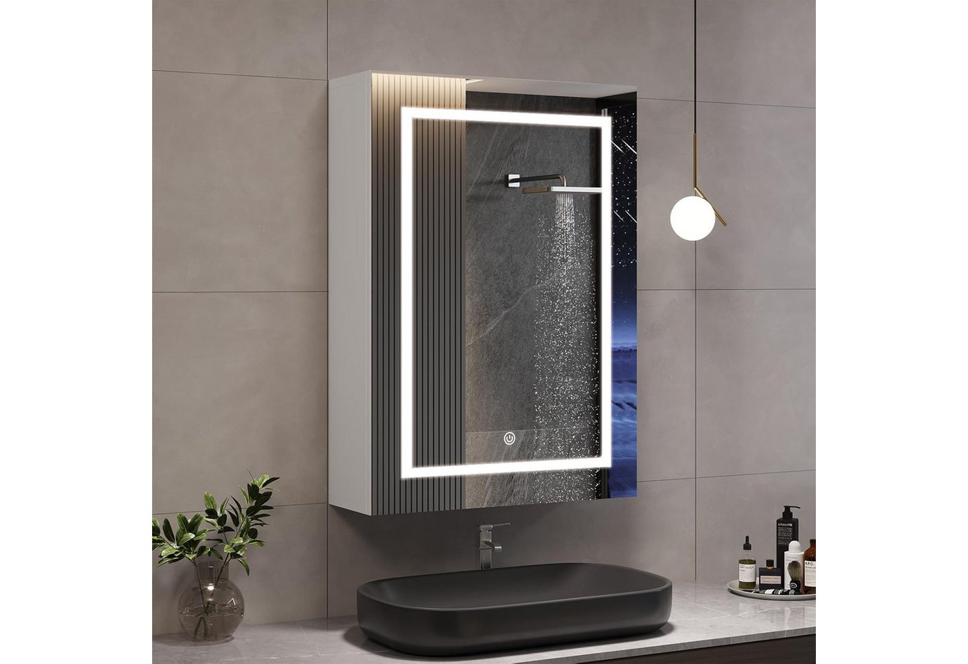 Furnishings Home Badezimmerspiegelschrank Spiegelschrank Doppeltür Hängeschrank 80x60x13.5 cm (Einstellung der warmen und kalten Farbtemperatur 3000/4500/6400K) inkl. LED-Beleuchtung, Stecker, Touchschalter, Beschlagfrei von Furnishings Home