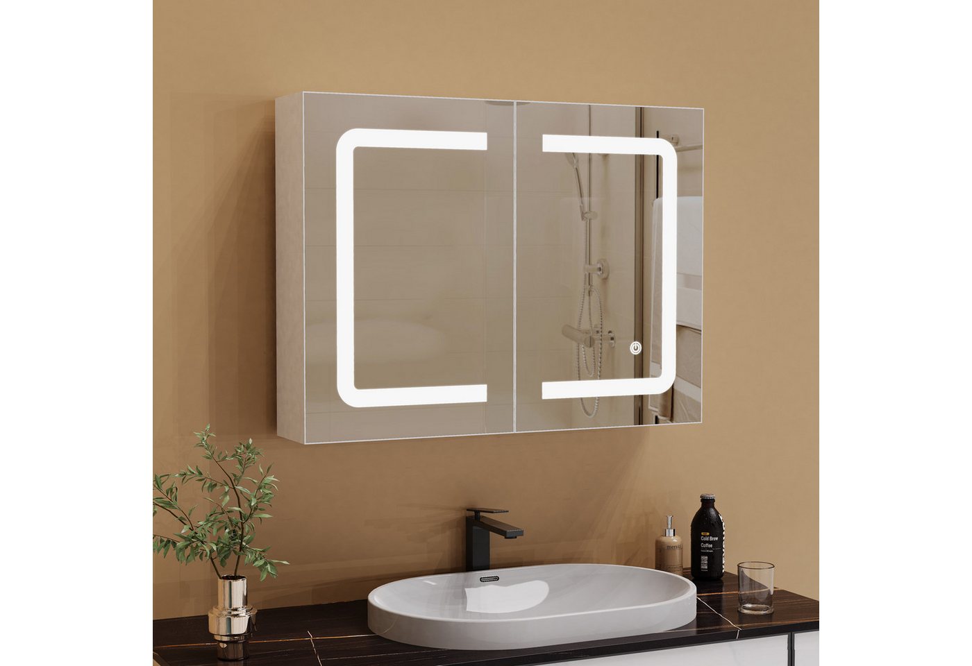Furnishings Home Badezimmerspiegelschrank Spiegelschrank Doppeltür Hängeschrank 80x60x13.5 cm (Einstellung der warmen und kalten Farbtemperatur 3000/4500/6400K) inkl. LED-Beleuchtung, Stecker, Touchschalter, Beschlagfrei von Furnishings Home