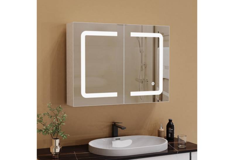 Furnishings Home Badezimmerspiegelschrank Spiegelschrank Doppeltür Hängeschrank 80x60x13.5 cm (Einstellung der warmen und kalten Farbtemperatur 3000/4500/6400K) inkl. LED-Beleuchtung, Stecker, Touchschalter, Beschlagfrei von Furnishings Home