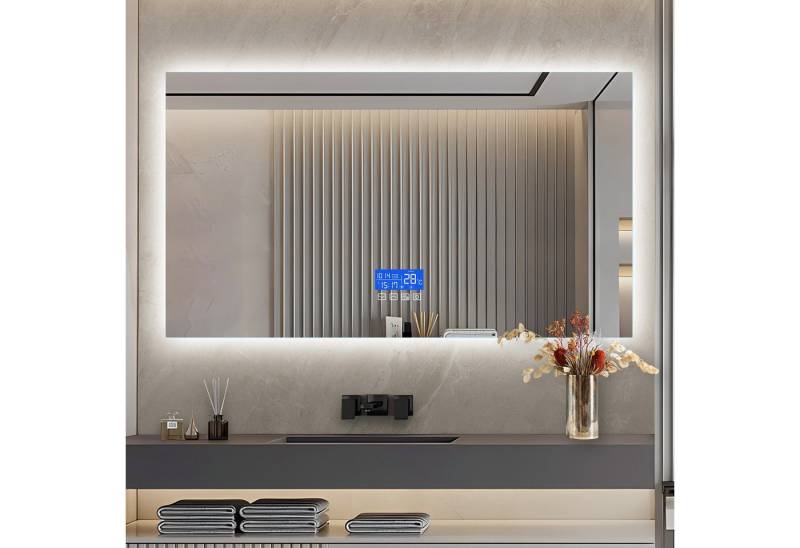 Furnishings Home Badspiegel Badezimmerspiegel rahmenlos Kosmetikspiegel mit LED Beleuchtung (Einstellung der warmen und kalten Farbtemperatur 3000/4000/6000K), ouchschalter, Beschlagfrei, Uhr, Memory Funktion, IP44, 50x70 cm von Furnishings Home