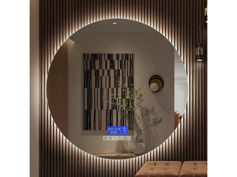 Furnishings Home Badspiegel Badezimmerspiegel rahmenlos Kosmetikspiegel mit Bluetooth-Lautsprecher (Einstellung der warmen und kalten Farbtemperatur 3000/4000/6000K), LED-Beleuchtung, Touchschalter, Beschlagfrei, Uhr, IP44, Ø100 cm von Furnishings Home