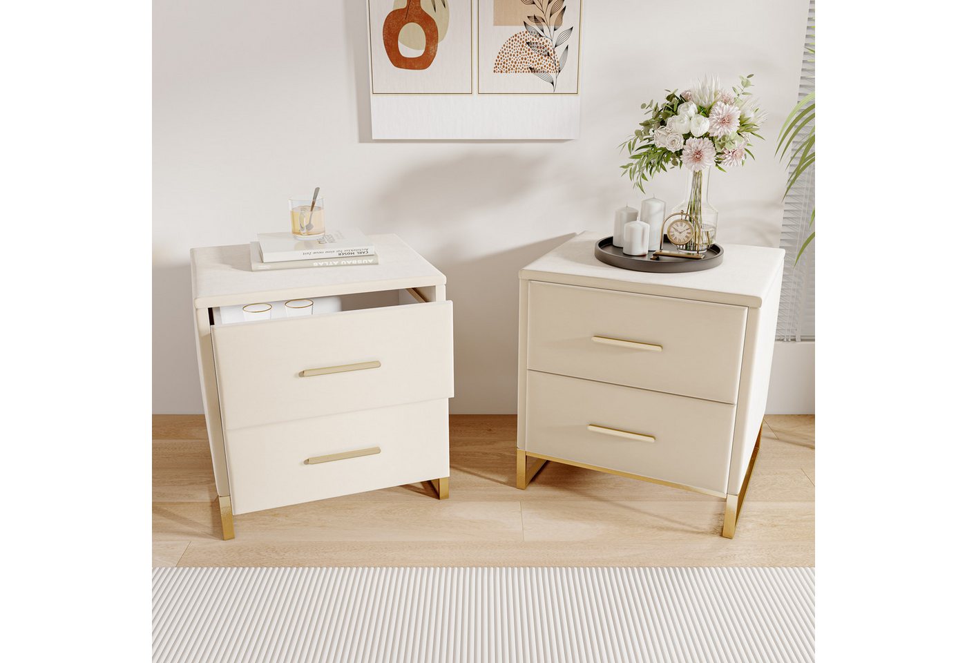 Furnishings Home Beistelltisch Ablagetisch Wohnzimmertisch (2-St., 40 x 40 x 50 cm, Perfekt für Wohnzimmer und Schlafzimmer), Nachttisch mit 2 Schubladen, offene Ablage, Metallbeine, Samt stoff von Furnishings Home
