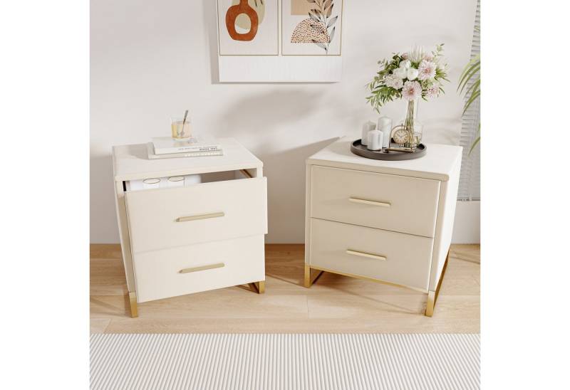 Furnishings Home Beistelltisch Ablagetisch Wohnzimmertisch (2-St., 40 x 40 x 50 cm, Perfekt für Wohnzimmer und Schlafzimmer), Nachttisch mit 2 Schubladen, offene Ablage, Metallbeine, Samt stoff von Furnishings Home