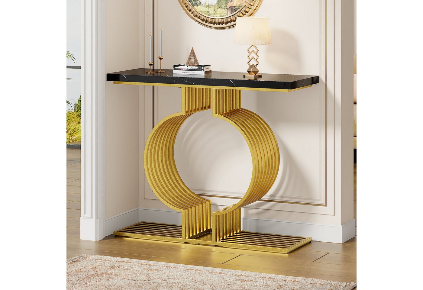 Furnishings Home Beistelltisch Moderner schwarzer Hochglanz-Couchtisch 100x35x80 cm, goldener Sockel (1-St), 6 verstellbare Füße Tragkraft von 30 kg von Furnishings Home
