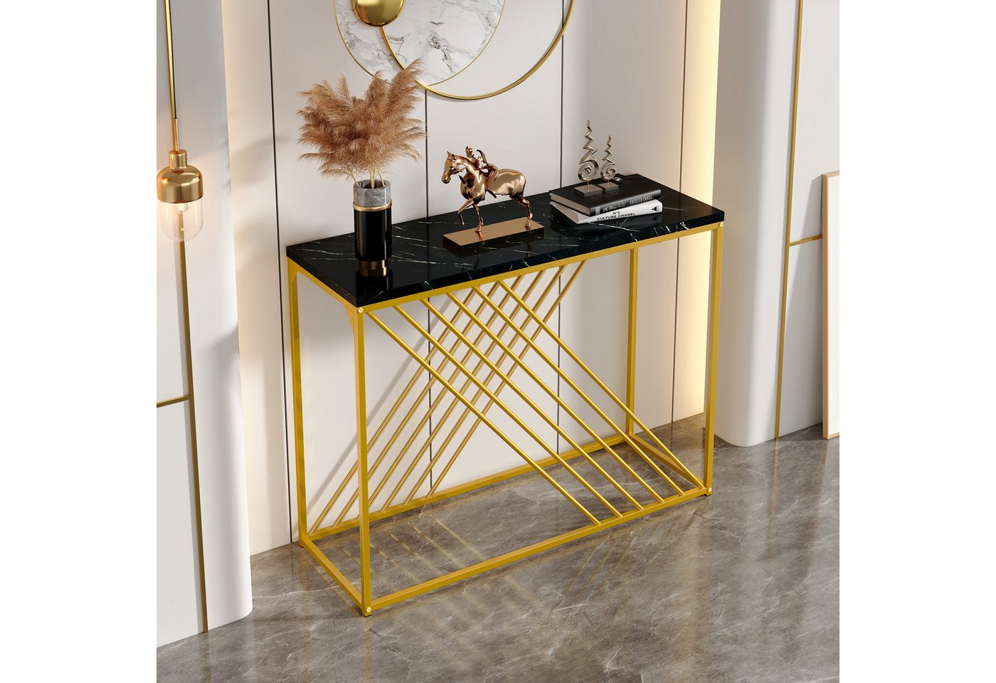 Furnishings Home Beistelltisch Schwarzer Konsolentisch mit goldenem Fuß MDF Hochglanz 100x35x77 cm (1-St), Das multifunktionale Design kann als Beistelltisch, Eingangstisch von Furnishings Home