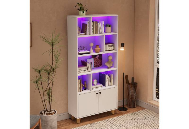 Furnishings Home Bücherregal Mehrere Ablagefächer Doppeltüren LED-Ambientelicht Bücherregal, 2-tlg., Einfache Form Beine aus Massivholz 80x30x173cm Weiß Braun von Furnishings Home