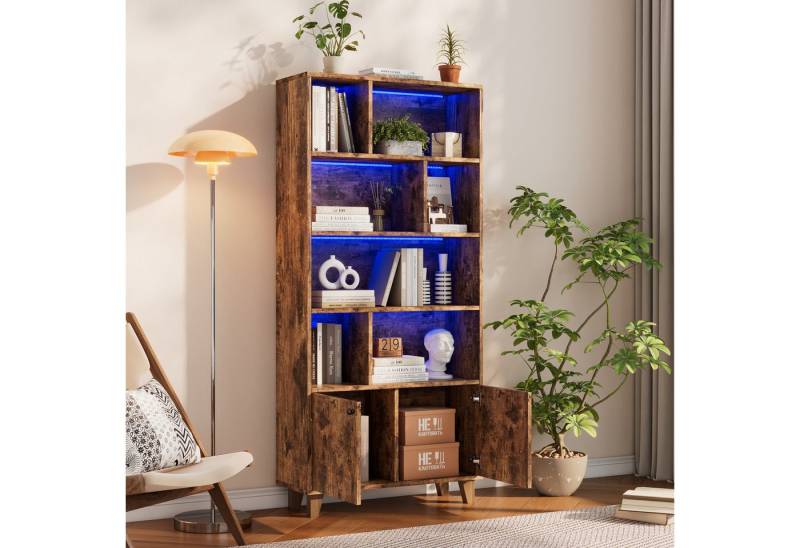 Furnishings Home Bücherregal Mehrere Ablagefächer Doppeltüren LED-Ambientelicht Bücherregal, 2-tlg., Einfache Form Beine aus Massivholz 80x30x173cm Weiß Braun von Furnishings Home