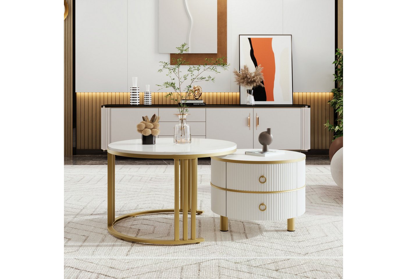 Furnishings Home Couchtisch 2-in-1 runder Couchtisch mit Marmorplatte und 2 Schubladen (2-St), 70*70*46 + 50*50*40cm von Furnishings Home