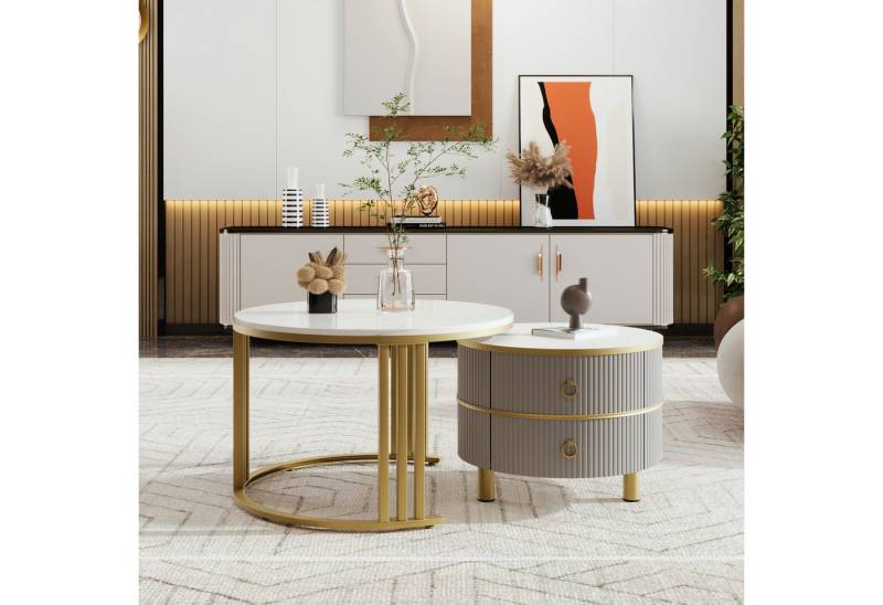 Furnishings Home Couchtisch 2-in-1 runder Couchtisch mit Marmorplatte und 2 Schubladen (2-St), 70*70*46 + 50*50*40cm von Furnishings Home