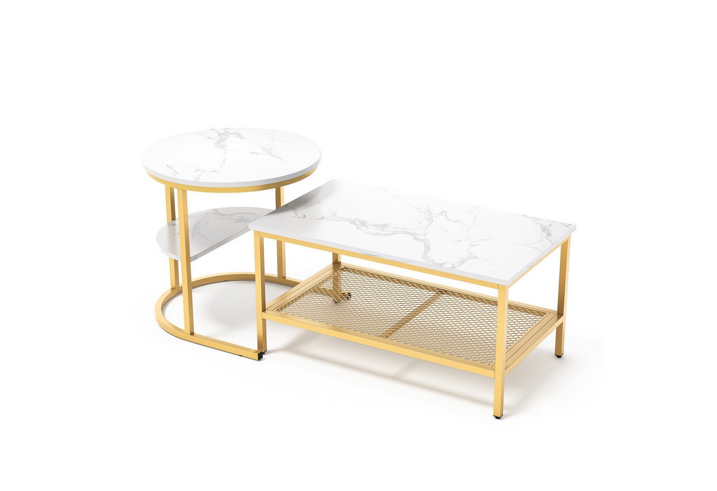 Furnishings Home Couchtisch 2er-Set Runde + Rechteck Beistelltische aus Holz & Metall (2-St., 2-St, 80x46x41 cm + 52x51 cm), Moderne Kaffeetische für Wohnzimmer Schlafzimmer von Furnishings Home