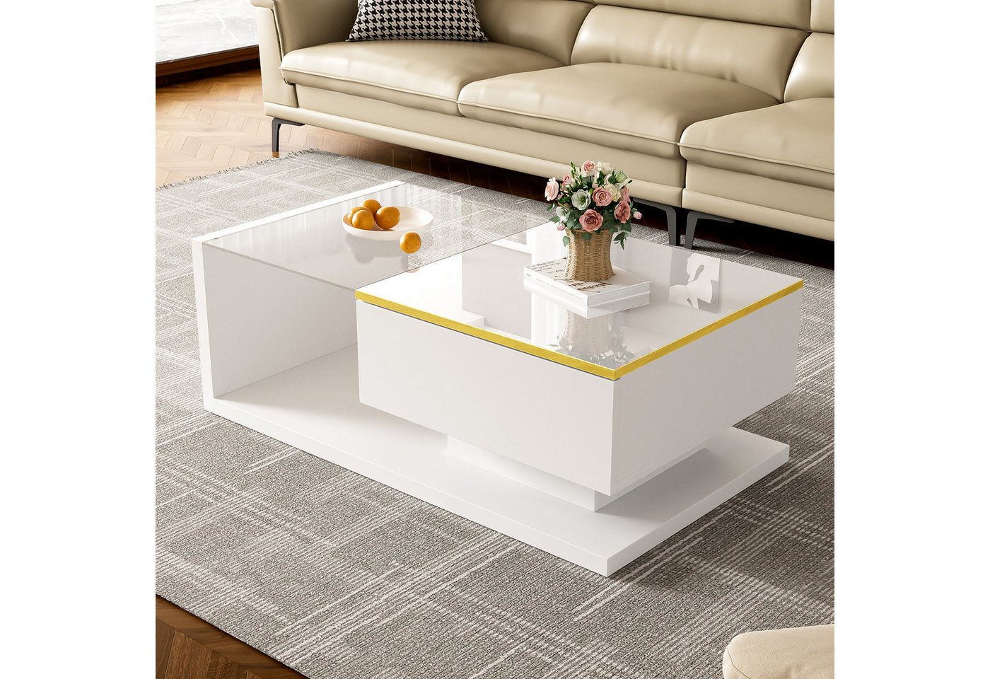 Furnishings Home Couchtisch 90 cm Hochglanz-Schwarz /Weiß mit Glas und LED-Effekt (1-St), Hochglanz-Weiß-Schwarz für den Alltag oder besondere Anlässe von Furnishings Home
