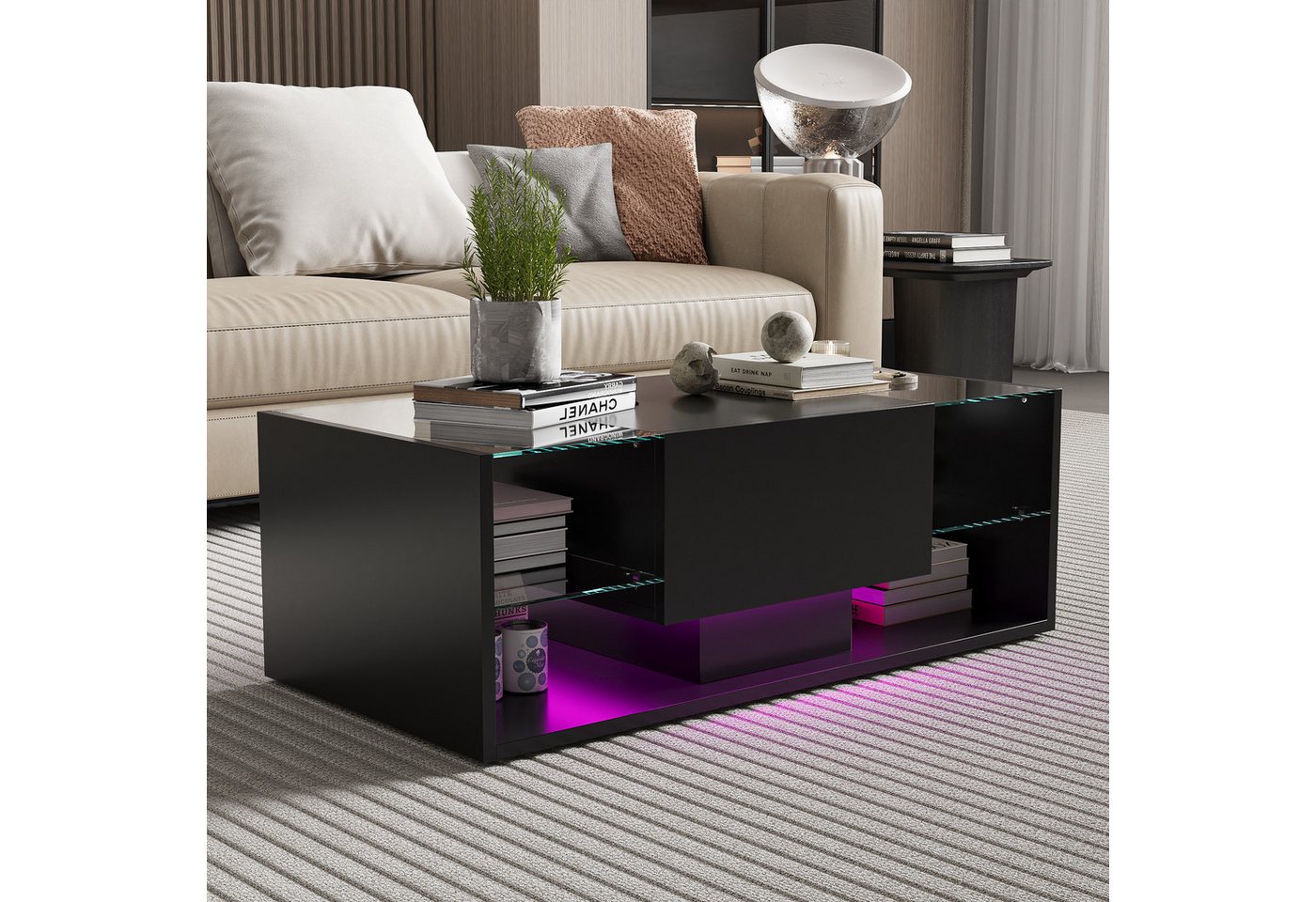 Furnishings Home Couchtisch Ablagetisch LED Beistelltisch Breite 100 cm (Hochglänzender quadratischer, 100 x 50 x 35 cm), Mit Vier Fächer und 16-farbigen variablen LED-Beleuchtung von Furnishings Home