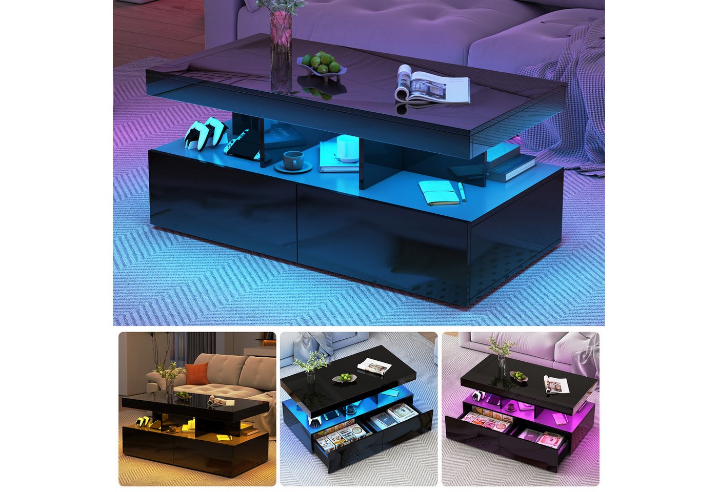 Furnishings Home Couchtisch Ablagetisch LED Beistelltisch Breite 100 cm (Hochglänzender quadratischer, 104x53x46 cm), Mit Schubladen und 16-farbigen variablen LED-Leuchten von Furnishings Home