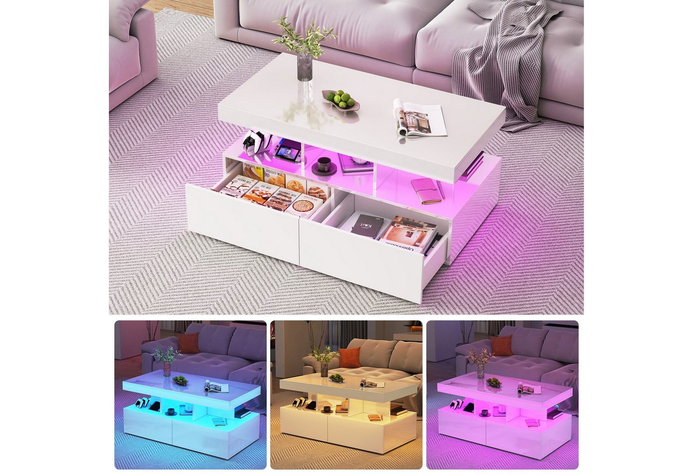 Furnishings Home Couchtisch Ablagetisch LED Beistelltisch Breite 100 cm (Hochglänzender quadratischer, 104x53x46 cm), Mit Schubladen und 16-farbigen variablen LED-Leuchten von Furnishings Home