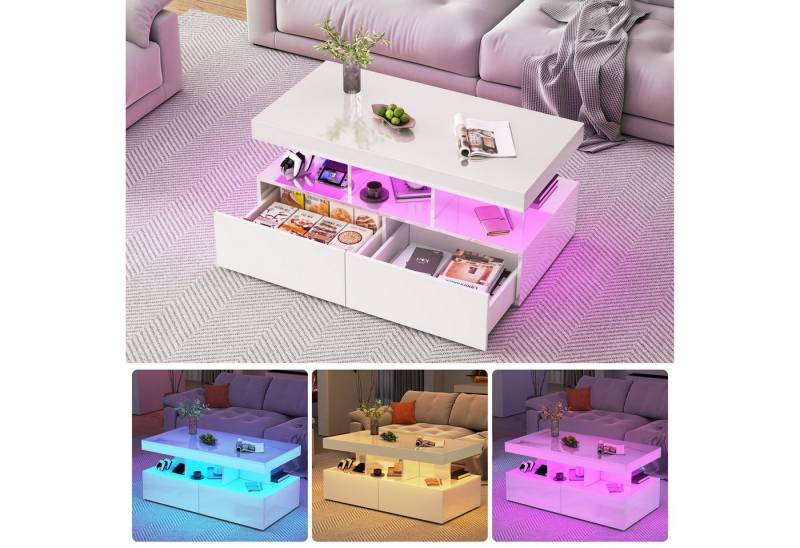 Furnishings Home Couchtisch Ablagetisch LED Beistelltisch Breite 100 cm (Hochglänzender quadratischer, 104x53x46 cm), Mit Schubladen und 16-farbigen variablen LED-Leuchten von Furnishings Home