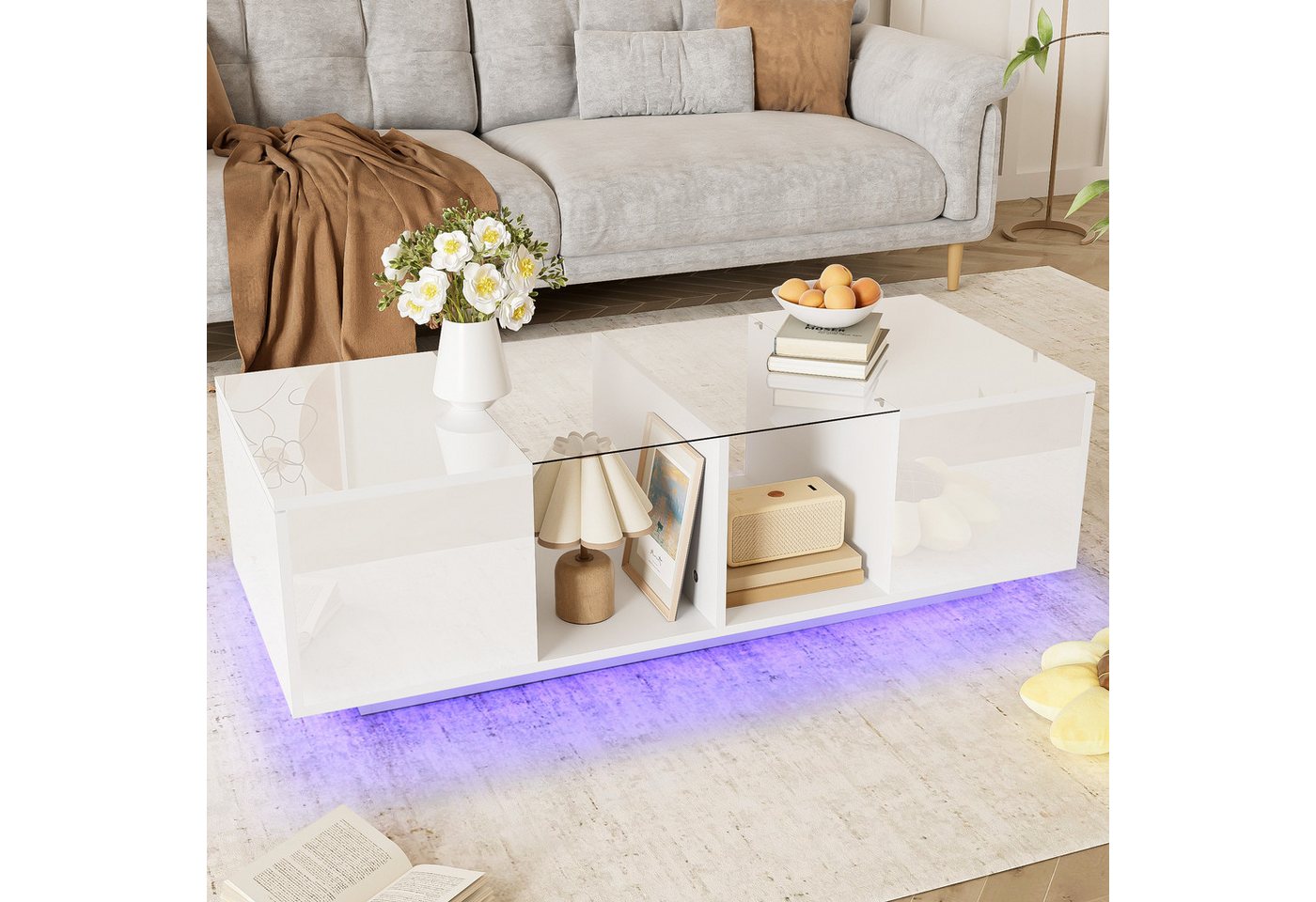 Furnishings Home Couchtisch Ablagetisch LED Beistelltisch Breite 100 cm (Hochglänzender quadratischer, 120x50x38.5 cm), Mit Glasplatte und 16-farbigen variablen LED-Leuchten von Furnishings Home