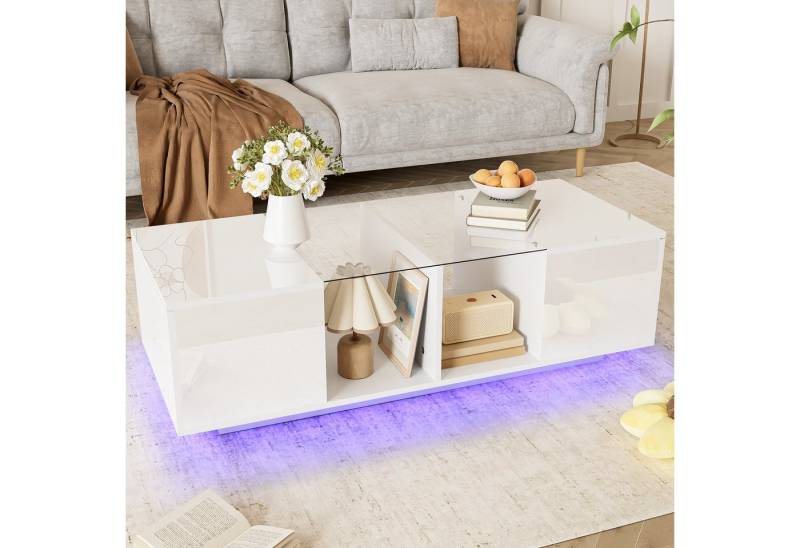 Furnishings Home Couchtisch Ablagetisch LED Beistelltisch Breite 100 cm (Hochglänzender quadratischer, 120x50x38.5 cm), Mit Glasplatte und 16-farbigen variablen LED-Leuchten von Furnishings Home