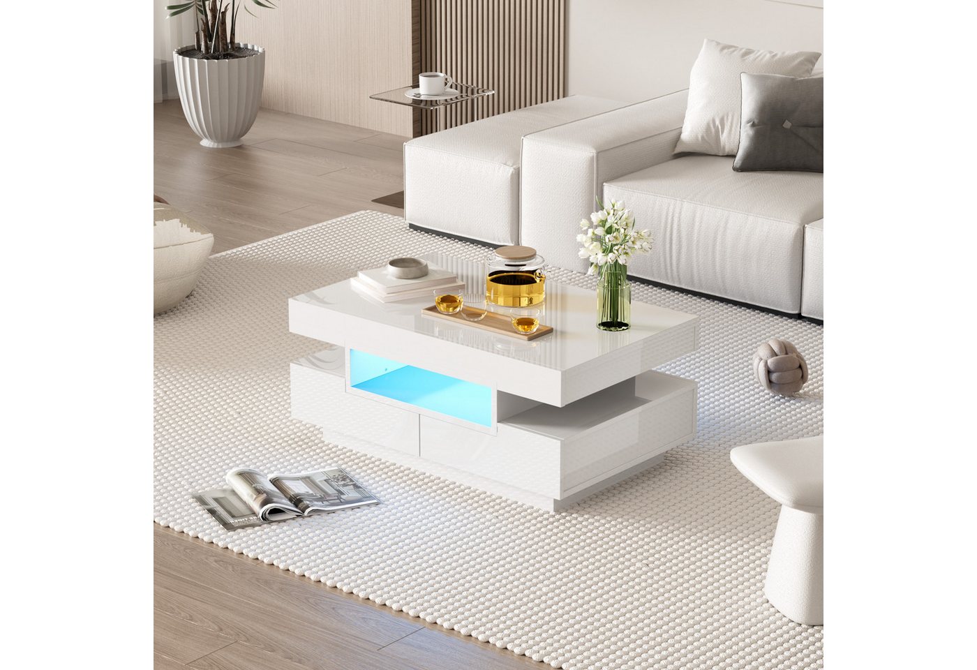 Furnishings Home Couchtisch Ablagetisch LED Beistelltisch Breite 104/80 cm (Hochglänzender quadratischer), Mit Schubladen und 16-farbigen variablen LED-Leuchten von Furnishings Home