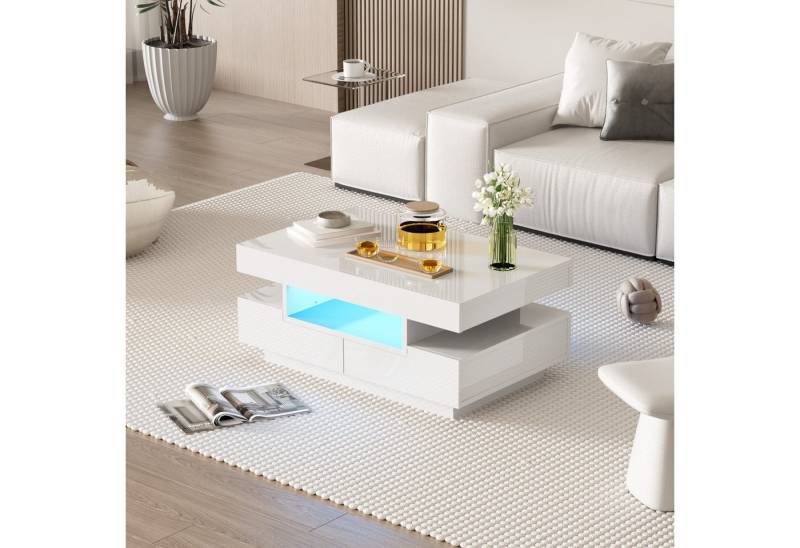 Furnishings Home Couchtisch Ablagetisch LED Beistelltisch Breite 104/80 cm (Hochglänzender quadratischer), Mit Schubladen und 16-farbigen variablen LED-Leuchten von Furnishings Home