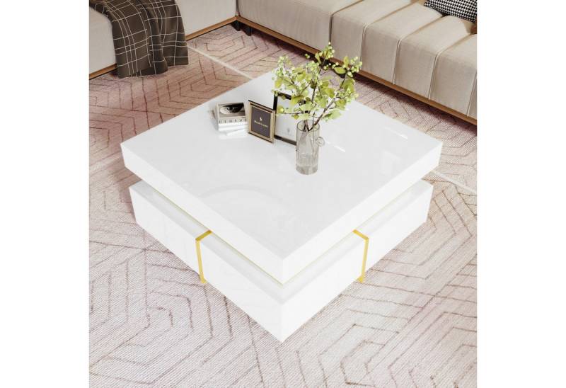 Furnishings Home Couchtisch Ablagetisch Stauraum Beistelltisch Breite 70 cm (Hochglänzender quadratischer, 70x70x35.5 cm), Wohnzimmertisch, mit 2 Schubladen und goldenen Akzenten von Furnishings Home