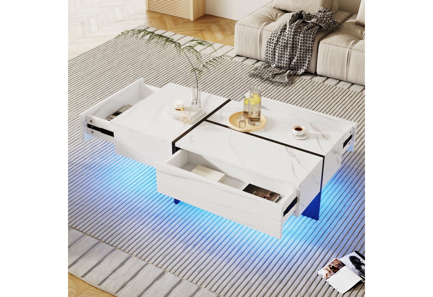 Furnishings Home Couchtisch Beistelltisch LED Ablagetisch Breite 100 cm (Hochglänzender quadratischer, 100x50x34.5 cm), Mit 2 Schubladen und 16-farbigen variablen LED-Leuchten von Furnishings Home