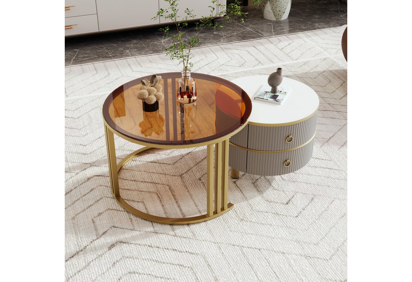 Furnishings Home Couchtisch 2-in-1 runder mit 2 Schubladen Drei Farben (1-St), Moderne Stil Die Kombination aus Hartglas 70*70*45 + 50*50*40 cm von Furnishings Home