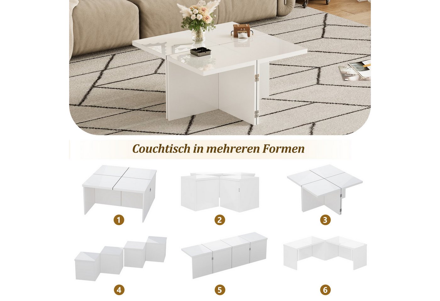 Furnishings Home Couchtisch Couchtisch Ablagetisch DIY Beistelltisch (4-St., 81.1x81.1x40 cm), Freie Kombination Hochglanz Tischplatte von Furnishings Home