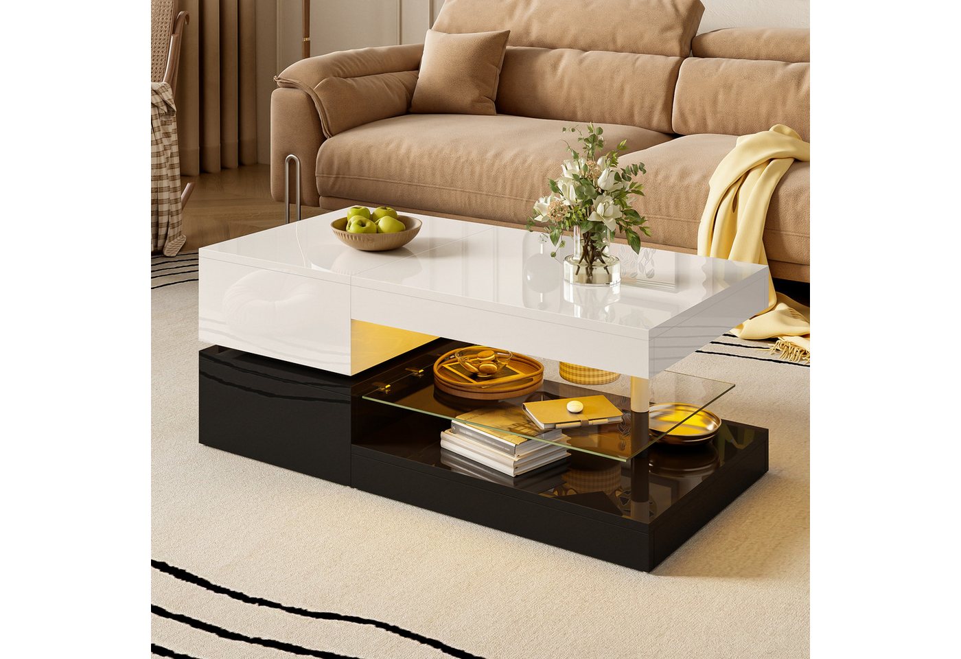 Furnishings Home Couchtisch Couchtisch LED Ambientebeleuchtung APP Bluetooth Glasablage Hochglanz (1-St), Couchtisch klein modern Schwarz-Weiß-Design 90x45x35,5 cm von Furnishings Home