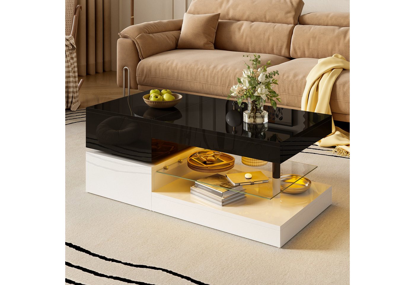 Furnishings Home Couchtisch Couchtisch LED Ambientebeleuchtung APP Bluetooth Glasablage Hochglanz (1-St), Couchtisch klein modern Schwarz-Weiß-Design 90x45x35,5 cm von Furnishings Home