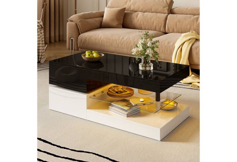 Furnishings Home Couchtisch Couchtisch LED Ambientebeleuchtung APP Bluetooth Glasablage Hochglanz (1-St), Couchtisch klein modern Schwarz-Weiß-Design 90x45x35,5 cm von Furnishings Home