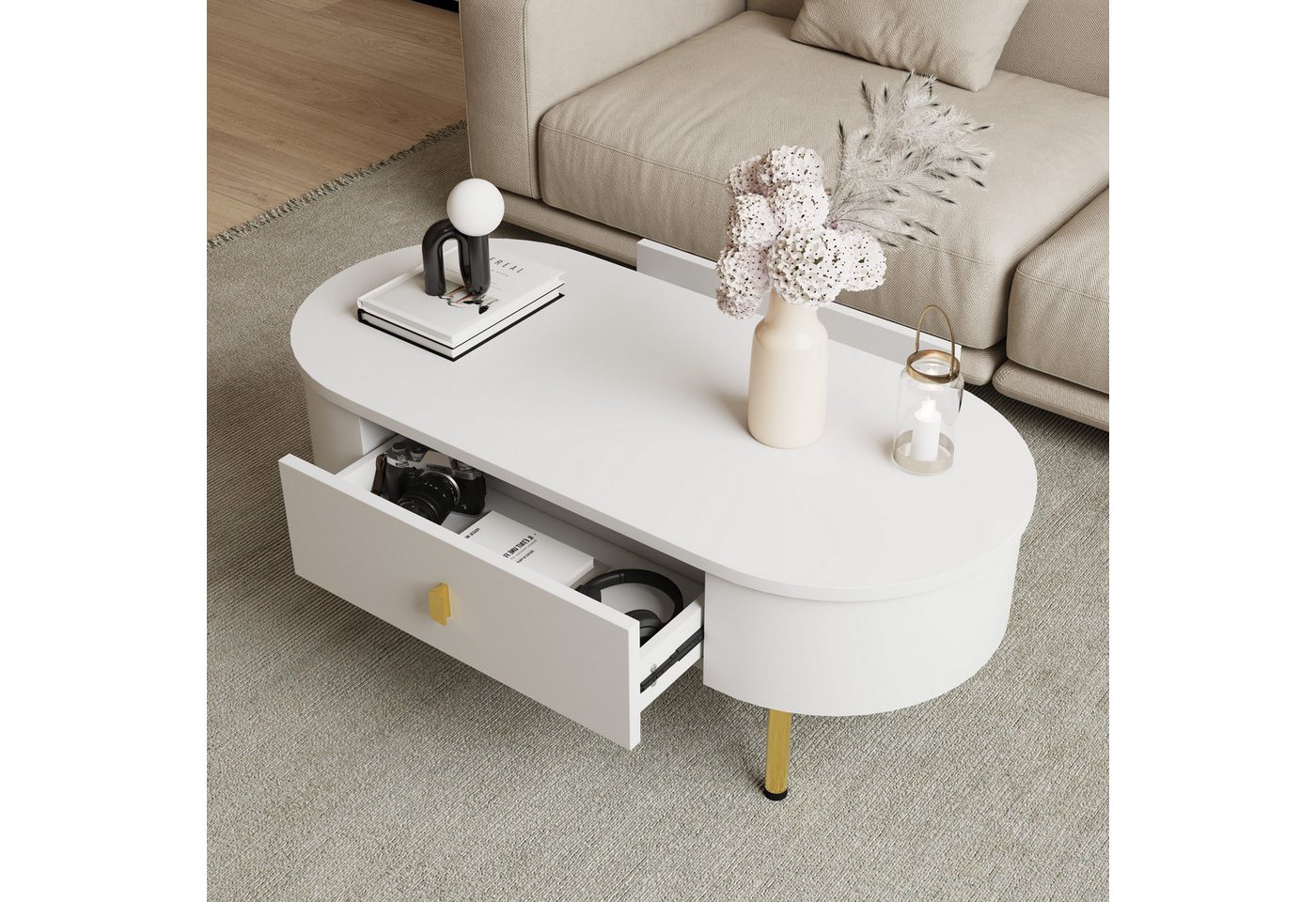 Furnishings Home Couchtisch Mit zwei Schubladen goldenen Griffen und Beinen Ecken (1-St), Zum Ordnen Zeitschriften Fernbedienungen und anderen wichtigen Dingen von Furnishings Home
